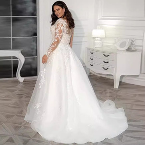 Robes de mariée civiles personnalisées à manches longues 2026, style campagnard, coupe trapèze, avec appliques en dentelle, traîne <span class=keywords><strong>courte</strong></span>, <span class=keywords><strong>robe</strong></span> de mariée bohème simple - Product Image 5