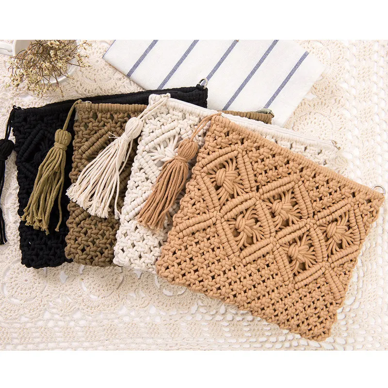 Minimalist Wholesale Macrame Handmade Braided Shoulder Bag Customized Leisure Beach Cotton rope Clutch with tassels