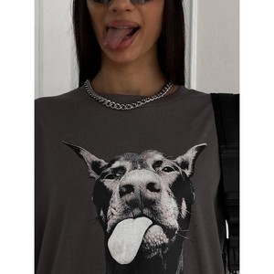 Nouveau T-shirt d'été 2026 pour femme, style européen, 100 % coton, manches courtes, longueur mi-longue, imprimé chiot amusant, polyvalent, <span class=keywords><strong>chic</strong></span> pour le quotidien - Product Image 3