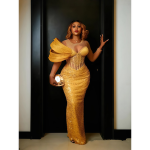 slim fit dress slacks Gold Beaded Kaftan, Nigerian Wedding Guest Dress African Party Bubu –  FASHIONISKO main image 1