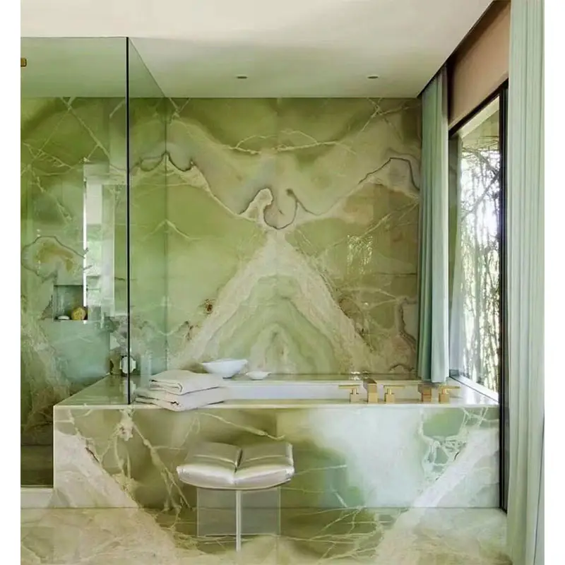HZX, hermosas losas de piedra de mármol de ónix de Jade verde pulido para mesa, sala de estar, baño, muebles de cocina, azulejos de ónix de pared