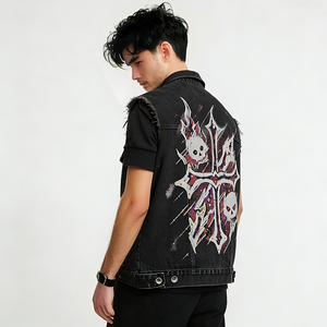 Gilet da Moto in Denim Traspirante <span class=keywords><strong>Nero</strong></span> da <span class=keywords><strong>Uomo</strong></span>, Stile Punk Street Senza Maniche con Risvolto, Lavato, OEM ODM - Product Image 1