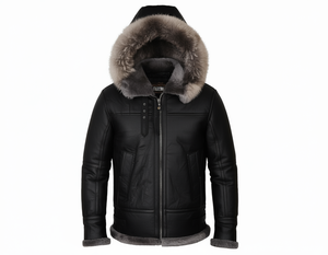 Men Casual Leather Hoodie Bomber Fur Shearling B3 Genuine Leather warm Filling Winter Removable Hood Biker <b>Sheepskin</b> <b>Jacket</b> OEM - Product Image 1