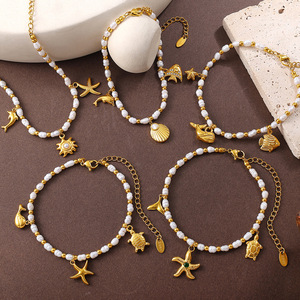 Bracelet en perles d'eau douce sur le thème de l'océan, plaqué or 18 carats, bijoux à breloques animales pour femmes, cadeau - Product Image 4