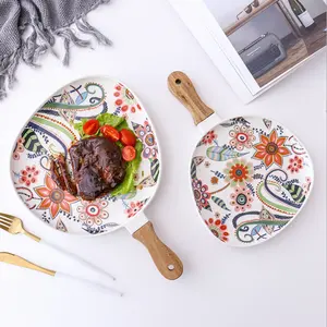 Colorful Acacia Wood Handle Western Pasta Steak Plate Contemporary Matte Glaze Mother's Day Valentine's Day Retirement Wedding