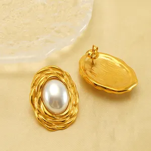 Wholesale Fashion Dangle Jewelry 18k Gold Plated Stainless Steel Freshwater Pearl Stud Earrings For Women