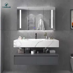 Yeni sıhhi tesisat tuvalet katı yüzey duvar asılı beyaz mermer banyo lavabo kontrplak kabine