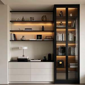 High-End Built-In Home Office Bookcase - Walnut & Glass, LED Lighting + <b>Desk</b>, Multi-Zone Organizer for Modern Luxury Homes - Product Image 4