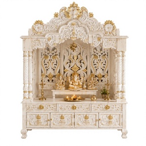 Temple traditionnel en teck de style Swaminarayan pour la maison, finition dorée de qualité supérieure, armoire de temple hindou, mandir de puja richement sculpté - Product Image 5