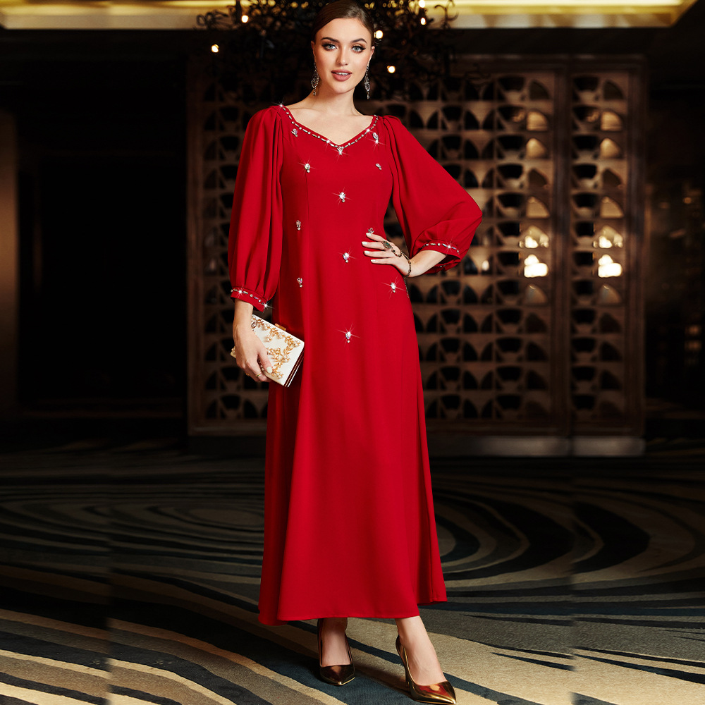 New Red Lantern Sleeve Heavy Industry Hand-Stitched Diamond Polyester  Summer Abaya Traditional Muslim Bridal Dress for Banquets| Alibaba.com