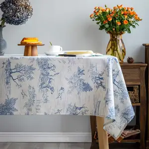 块状印花图案桌布亚麻棕榈矩形松木印花棉蓝色花卉亚麻桌布定制印花带设计