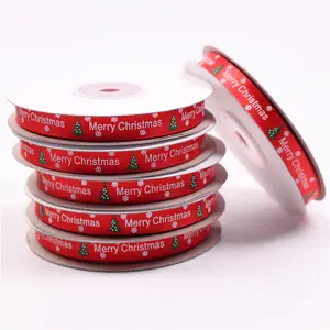 Venta al por mayor rojo 1CM brillante y suave impresión Feliz árbol de Navidad Paquete de regalo cinta de satén de Navidad - Product Image 1