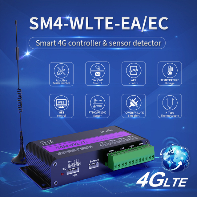 SM4-WLTE 4G 10A 4ch LTE Relay Controller GSM Smart Remote Power Switch SMS Temperature Humidity Control Gate Garage Door Opener