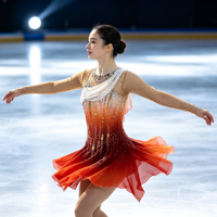 Robe de patinage artistique dégradé blanc-orange-rouge, asymétrique à une épaule, manches longues, dos ouvert avec chaîne, ornée de strass, jupe irrégulière