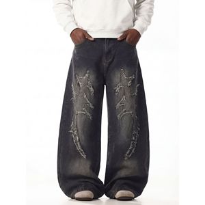 Jean en denim noir et gris pour homme, coupe ample, jambe large, taille mi-haute, en coton, style jambe droite - Product Image 1