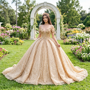 Dy1548 Shiny Gold Chiffon Quinceanera Ball Gown Lace Applique Natural Waistline Dress for <b>Sweet</b> 16 Draped <b>Party</b> Style for - Product Image 1