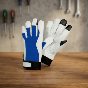 JNA GROUP Anti-Slip PU Leather Work <b>Gloves</b> Elastic Wristband <b>Blue</b> White General Purpose Safety 4 Mil Thick 10 Inch <b>Latex</b>-free - Product Image 2