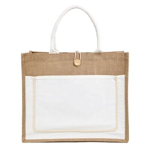 Factory Price Eco-friendly Recyclable Simple White <strong>Jute</strong> <strong>Tote</strong> <strong>Bag</strong> with Outside Pocket - Product Image 3