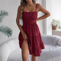 Nouvelle Robe Décontractée Sans Manches à Bretelles Col Carré Taille Empire Antistatique à Volants Tissée Longueur Genou pour Femme Style Européen et Américain