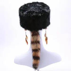 Custom Logo Women Design Simple Plush Hat With Long Tail Winter Unisex Adult Raccoon Tail Hat