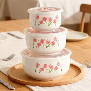 Bol de conservation en porcelaine avec couvercle pour le déjeuner et le dîner, compatible micro-ondes et réfrigérateur, en céramique pour la cuisine - Product Image 2