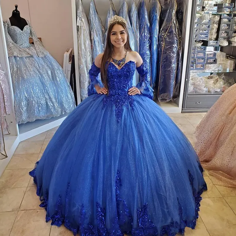 QD1631 Королевский синий Quinceanera платья бальное платье пышный Тюль кружевные аппликации с бисером новые милые 2023 16 Платья вечерние выпускные платья