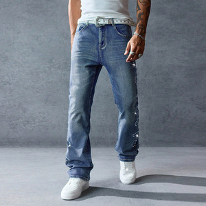 Distressed Straight <strong>Jeans</strong> - Rhinestone Details &amp; Versatile Basic <strong>Jeans</strong> | Blue Rhinestone Wide-leg Men's <strong>Jeans</strong> - Product Image 1