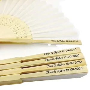 45PCS Personalized White Wedding Hand Fan Customized with Bride and Groom's Names and Date on the Side Rib