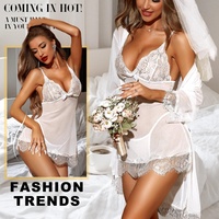 Cx083 Vente en gros Nuisette sexy en maille douce, ensemble 2 pièces : Robe à bretelles en dentelle avec robe de chambre rembourrée et string, Lingerie transparente, Pyjama