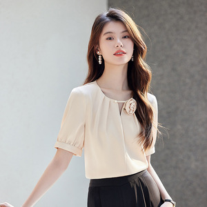 French Style 3D Rose Silk Blouse Women Summer Elegant Pearl Satin Top Office Wear Solid Color Short Sleeve Shirt - Product Image 2
