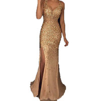 Sexy Transparent Club Fente Longue Robe Femmes Fête Formelle De Luxe Or Maxi Sequin Perle Robes De Soirée Vestidos De Fiesta Largos