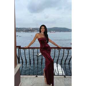 Robe de soirée bustier Lissa bordeaux, coupe trapèze, à paillettes, imprimé léopard, à volants, fente haute, drapée, ornée de perles, longueur ras du sol, pour soirée - Product Image 3