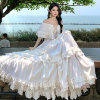 Robe longue vintage française ethnique à épaules dénudées avec dentelle et volants, style bohème, taille naturelle, pour vacances à la plage, tenue romantique pour femme