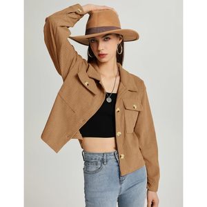 <b>Womens</b> Cropped <b>Corduroy</b> Jacket Button Down <b>Shacket</b> Full Sleeve Spring Lightweight Utility Style Jacket - Product Image 2