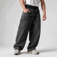Jean noir délavé coupe baggy à jambe large pour homme, avec double passants de ceinture, fermeture boutonnée, cordon élastique, poche plaquée incurvée et couture au genou