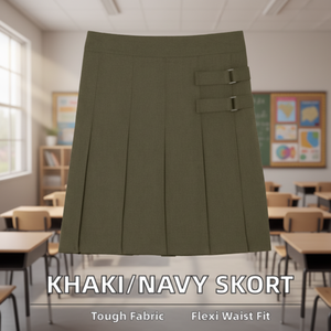 Uniforme Escolar para Niñas, Falda Pantalón Color Caqui/Navy, Cintura Ajustable, Frente Plisado, Tela de Mezcla de Poliéster, Marca Merucare, Servicio OEM - Product Image 1