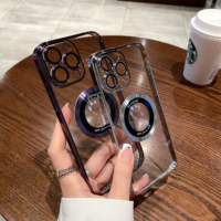 Luxury Electroplated Transparent PC Back Cover Magnetic Cell Phone Case for iPhone 14 15 16 17 Pro Max With Lens Film Protection
