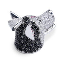 Pendentif Tête de Chien Husky 3D en Laiton Plaqué Rhodium Style Hip Hop, Entièrement Sertie de Zircons Cubiques Transparents, Noirs et Violets, Pendentif Animal de Compagnie Iced Out