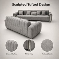 Ensemble de canapés modernes en tissu gris, 2 pièces, canapé sculpté capitonné avec incrustations métalliques argentées, canapé rembourré de luxe pour salon