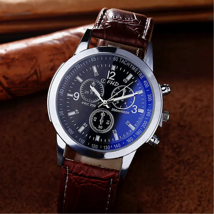 Fabriek Groothandel Blue Ray Glas Mannen Horloges Mode Quartz Horloge Analoog Lederen Mannen Horloge