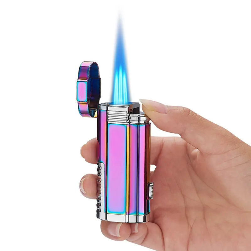 Encendedor de antorcha inflable personalizado, mechero de llama de triple chorro con cuchillo de cigarro/gas butano rellenable, 2022