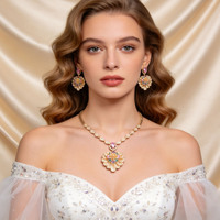 Set Kalung Kuningan Klasik Berlapis Emas dengan Zirkon Motif Bunga untuk Pernikahan, Pertunangan, Ulang Tahun, dan Pesta - Hadiah