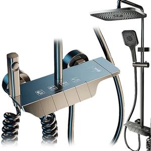 Ensemble de salle de bain moderne Kahnos gris à 4 fonctions, pomme de douche à effet pluie et robinet de bidet, ensemble de douche de salle de bain en laiton massif - Product Image 1