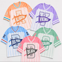 Maillot de football surdimensionné en maille pour femme, t-shirt streetwear vintage à col en V, imprimé graphique rayé, manches courtes