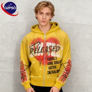 QZFSO Custom Full Print Graphic 100% Cotton French Terry Streetwear Acid Washed Oversize <b>Cropped</b> <b>Zip</b> up Rhinestone Rivet <b>Hoodie</b> - Product Image 1