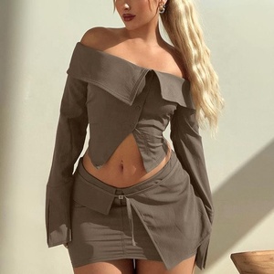 Nero personalizzato 2 pezzi donna Crop Top Teen <span class=keywords><strong>vestiti</strong></span> abbinati alla moda Open-Front abbottonato a maniche lunghe Slim Fit Set gonna corta - Product Image 1