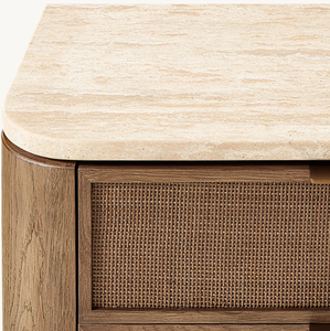 American-style Solid Wood High-<b>end</b> Luxury Bedside <b>Table</b>, with a Rattan Design on the Exterior and a Stone Tabletop. - Product Image 5