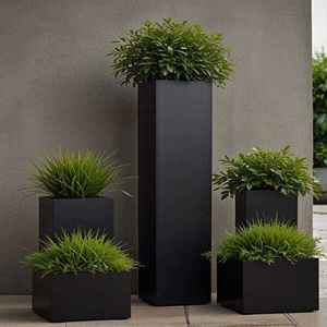 Grand pot à fleurs rectangulaire en fibre de verre, noir classique, écologique, décoratif, pour la maison, le jardin et l'aménagement paysager - Product Image 6