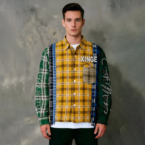 Custom Dropped Shoulders Checkered Long Sleeve <b>Shirts</b> Rhinestones Casual Plaid Flannel <b>Patchwork</b> Panel Button Down <b>Shirt</b> for Men - Product Image 1