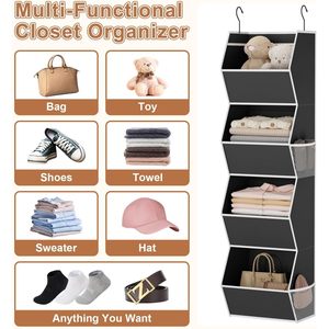 Hanging Closet Organizer 4 <b>Shelf</b> Foldable Fabric Storage For Bedroom Clothes With Mesh Pocket <b>Hook</b> Type 33x15x85cm - Product Image 5